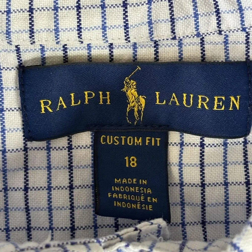 Ralph Lauren Dress Shirt boys 18 White Blue Check Custom‎ Fit Slim Button Down